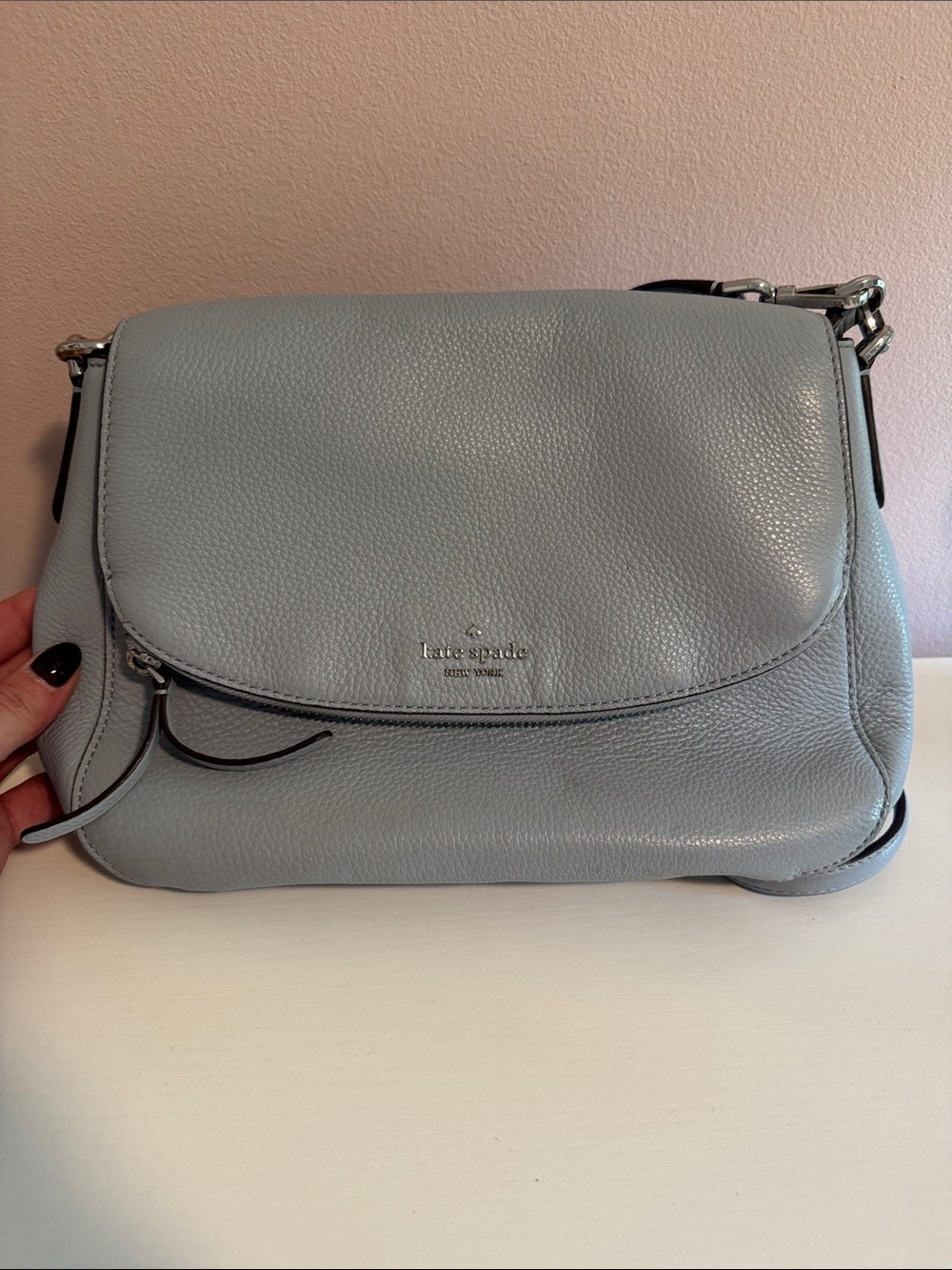 kate spade Pebbled Leather Flap Crossbody in Pale Blue-Gray